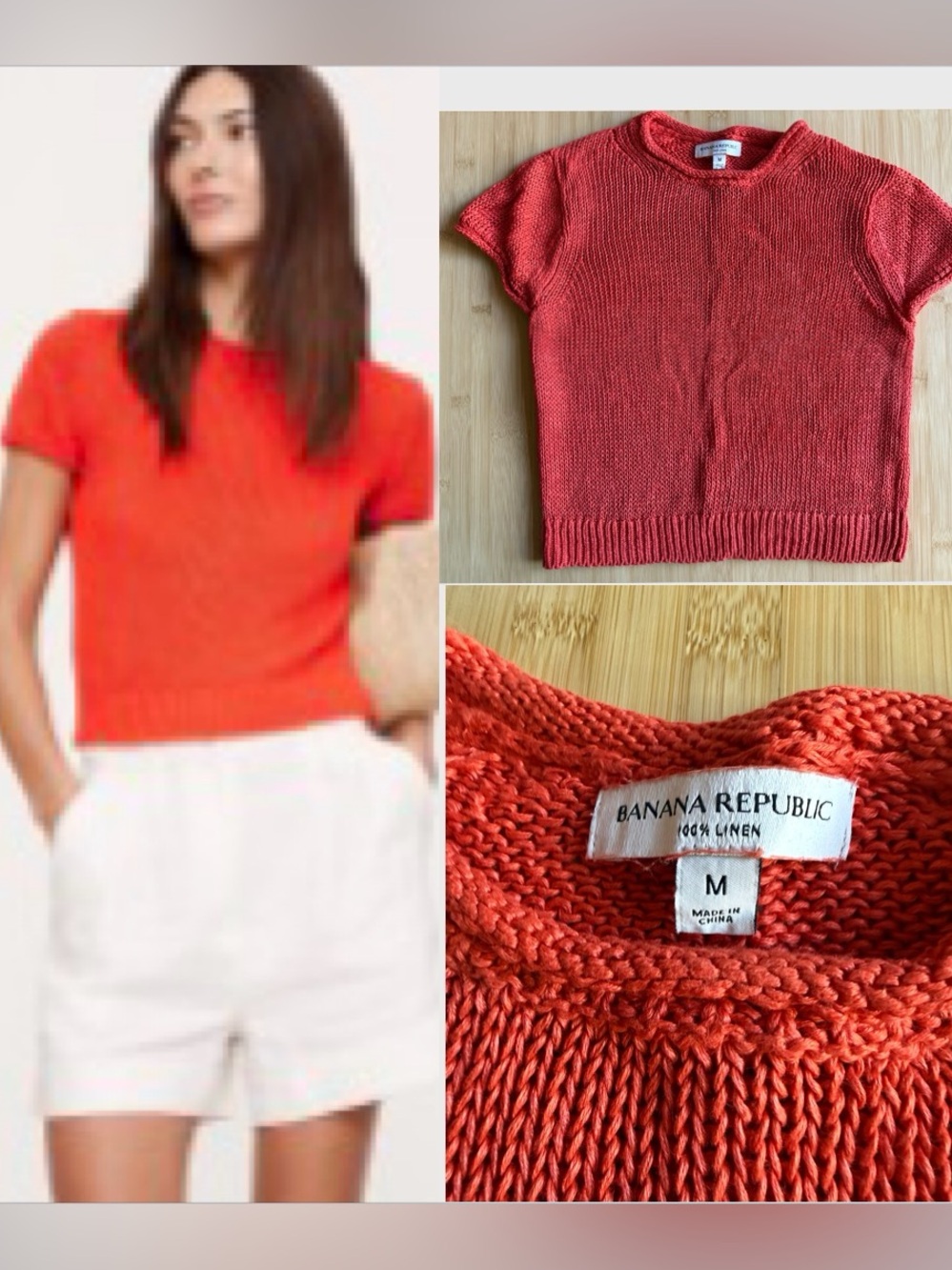 100% Linen BR fitted short sleeve linen top bright red-orange size M